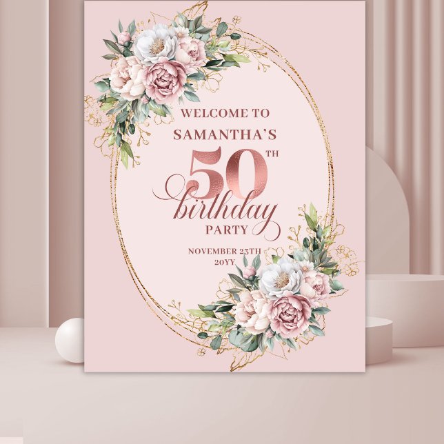 Tenture Bannière de fête d'anniversaire Luxe Rose Gold Bot (Luxe Rose Gold Botanical 50th Birthday Party Banner)