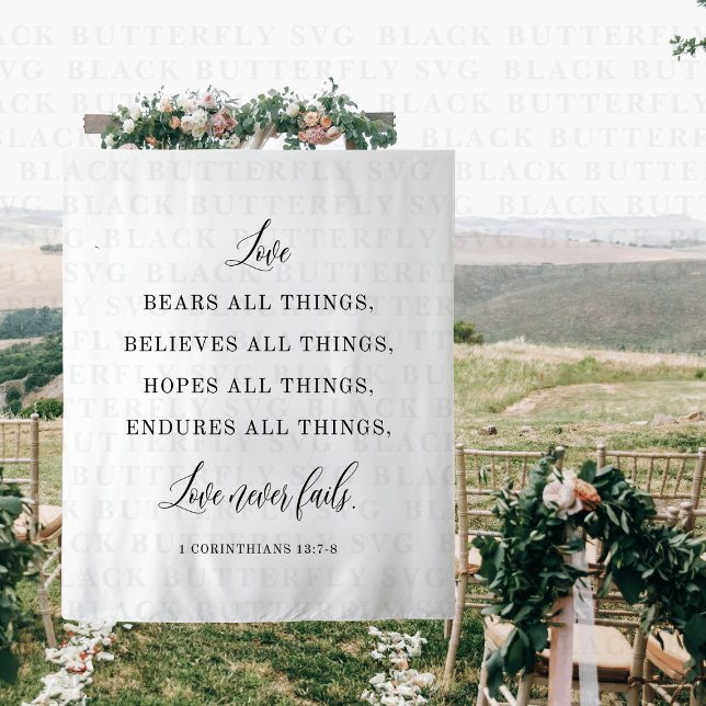 Tenture Bannière de fond avec citation de mariage élégante (Love Never Fails Wedding Backdrop Banner)