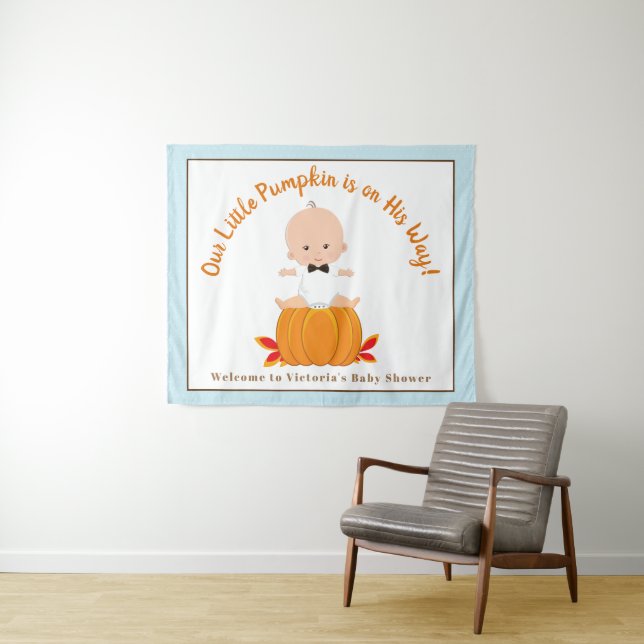 Tenture Bannière de fond pour Baby Shower Little Pumpkin G (En situation (horizontale))