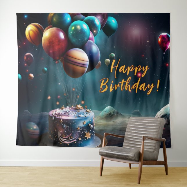 Tenture Bannière de gâteau d'espace galactique d'anniversa (En situation (horizontale))