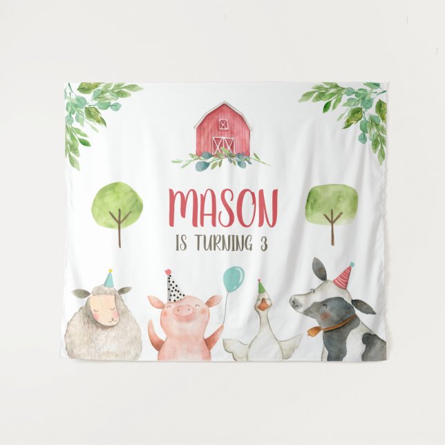 Tenture Bannière de la cour de la ferme garçon rouge anniv (Devant (Horizontal))