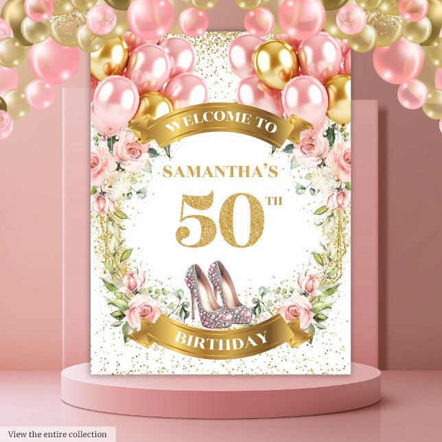 Tenture Bannière de la Parties scintillant moderne des fle (Modern 50th Birthday Blush Flowers Glitter Banner Tapestry)