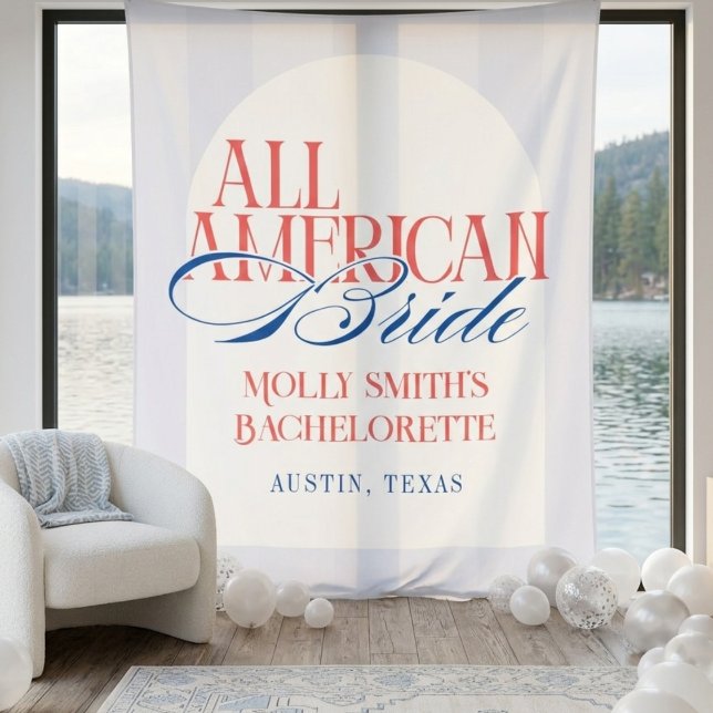 Tenture Bannière de l'enterrement de vie de jeune fille à  (All American Blue Stripe Bachelorette Banner Tapestry)