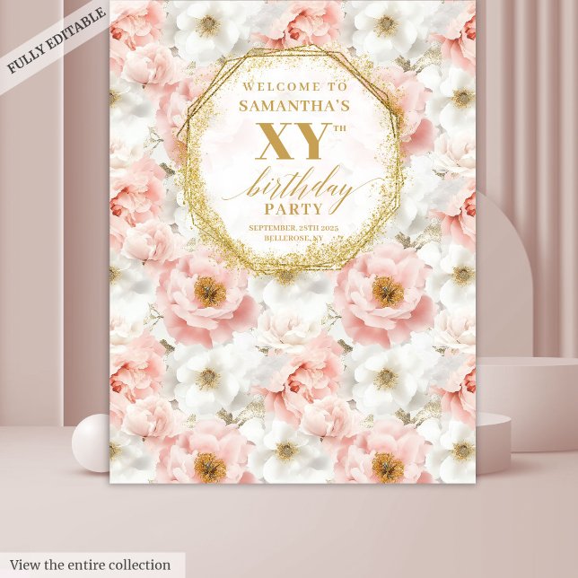 Tenture Bannière de Photomaton d'Anniversaire Fleurie Rose (Beautiful Blush Floral Birthday Photo Booth Banner Tapestry)