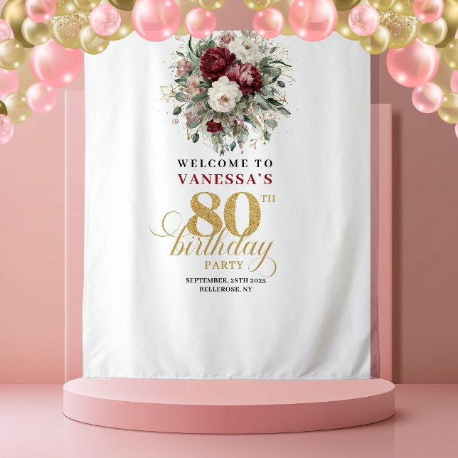 Tenture Bannière élégante de 80e anniversaire en Bourgogne (Graceful Burgundy 80th Birthday Banner)