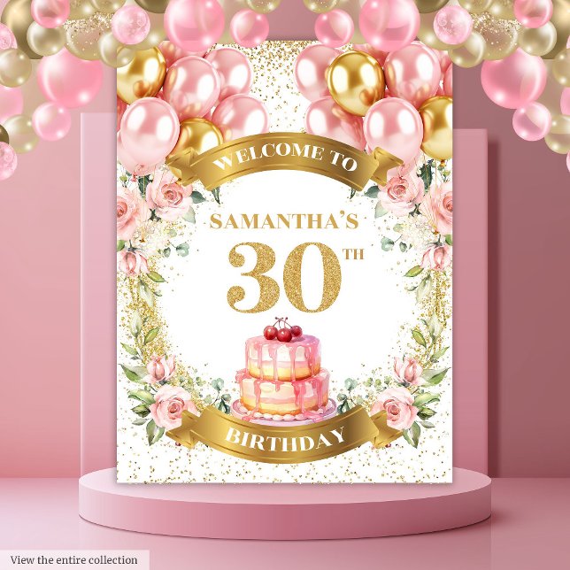 Tenture Bannière élégante de célébration Blush Gold pour 3 (Elegant 30th Birthday Blush Gold Celebration Banner)