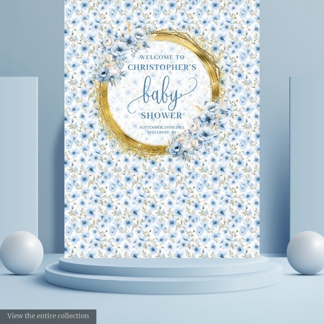Tenture Bannière élégante de shower de bébé à fleurs paste (Elegant Pastel Blue Gold Floral Baby Shower Banner Tapestry )