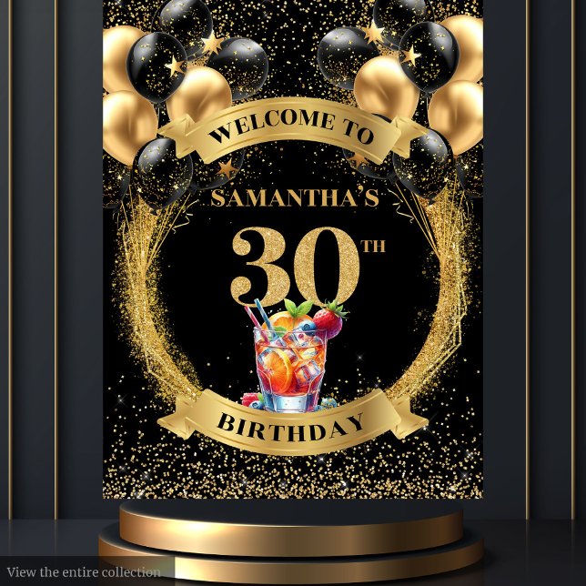 Tenture Bannière en or noir Whiskey 30e anniversaire de ch (Charming 30th Birthday Whiskey Black Gold Banner)