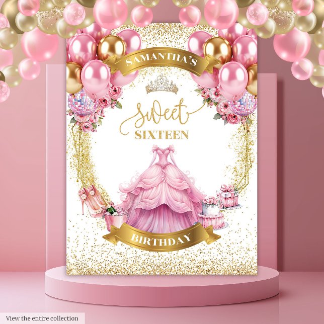 Tenture Bannière en Sweet sixteen rose étincelle en or ros (Glamorous Sweet Sixteen Banner Pink Gold Sparkles)