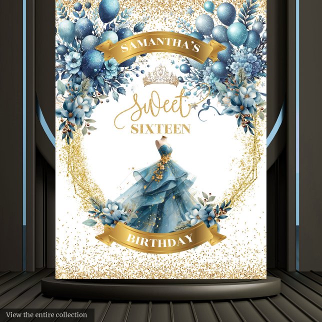 Tenture Bannière étincelante sweet sixteen bleu or (Sweet Sixteen Blue Gold Watercolor Sparkle Banner)