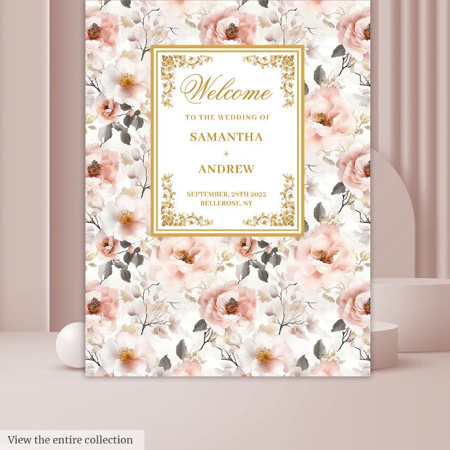 Tenture Bannière Florale Dusty Pink Gold Mariage (Floral Dusty Pink Ivory Gold Wedding Banner Tapestry)