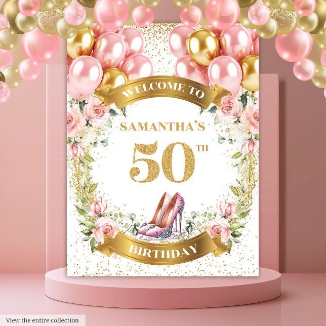 Tenture Bannière Luxe 50e Anniversaire Boho Rose Boho (Luxe 50th Birthday Blush Boho Pink Heels Banner)