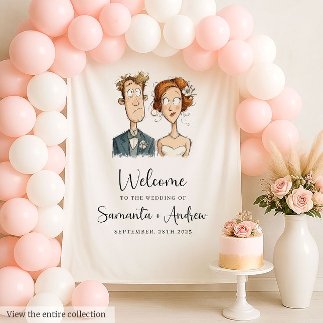 Tenture Bannière mariage Aquarelle Nouveaux mariés Quirky  (Wedding Banner Watercolor Newlyweds Quirky Couple Style)