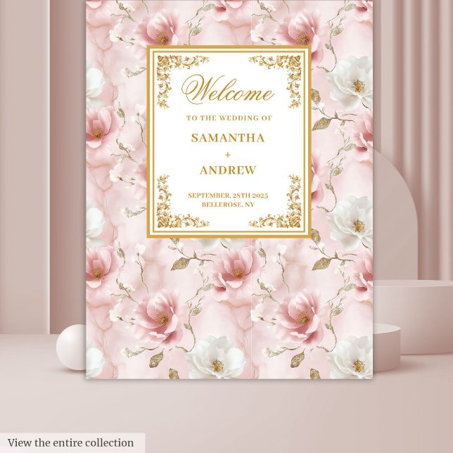 Tenture Bannière mariage en ivoire rose poussiéreux chic (Chic dusty pink ivory floral gold wedding banner Tapestry)