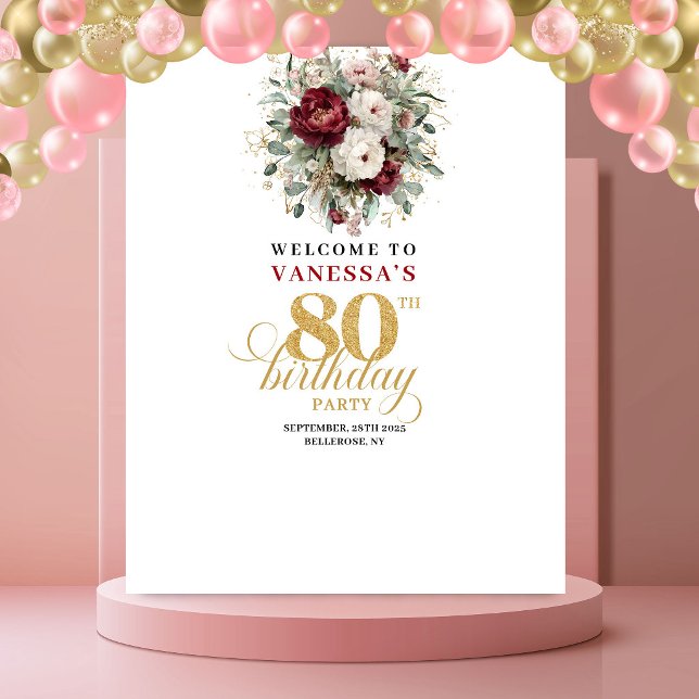 Tenture Bannière Moderne de 80e Anniversaire Rose Bourgogn (Modern Blush Burgundy 80th Birthday Banner)