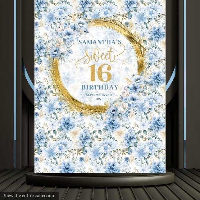 Tenture Bannière Pailletée Or pour Sweet Sixteen Bleu Past (Chic Pastel Blue Sweet Sixteen Gold Glitter Banner Tapestry)