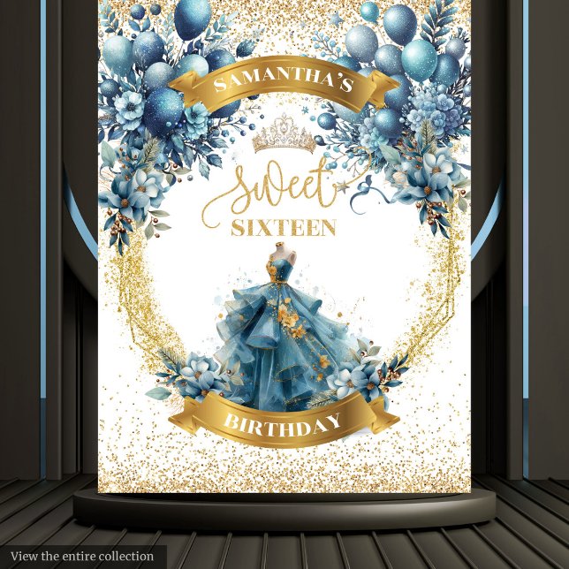 Tenture Bannière Parties scintillant or bleu Sweet sixteen (Watercolor Sweet Sixteen Blue Gold Glitter Banner Tapestry)