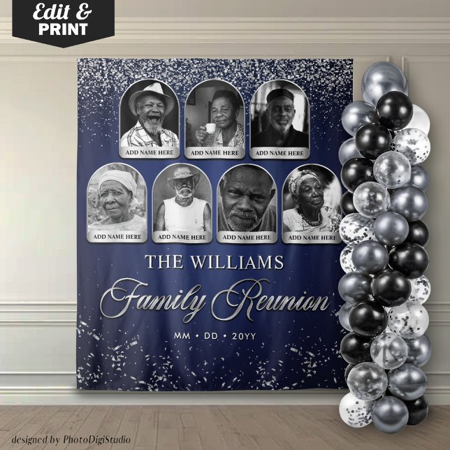 Tenture Bannière personnalisée pour réunion de famille, 7  (Custom Family Reunion Banner, 7 Photo Blue Silver Tapestry)