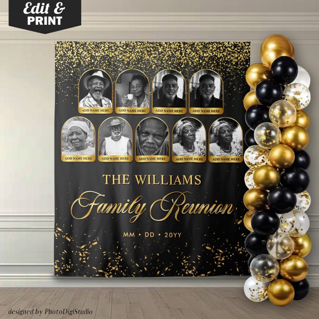 Tenture Bannière personnalisée pour réunion de famille, 9  (Custom Family Reunion Banner, 9 Photo Black Gold Tapestry)
