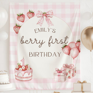 Tenture Bannière premier anniversaire Berry Rose Fraise