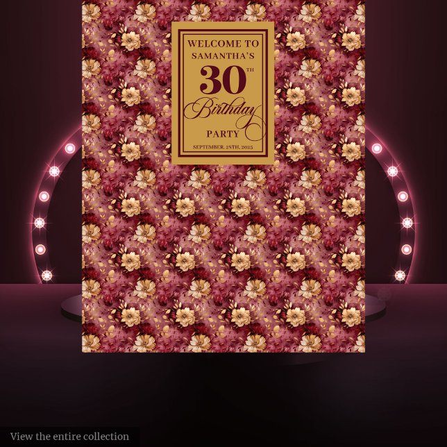 Tenture Bannière Romantique Bourgogne Blush Gold 30th Birt (Romantic Burgundy Blush Gold 30th Birthday Banner Tapestry)