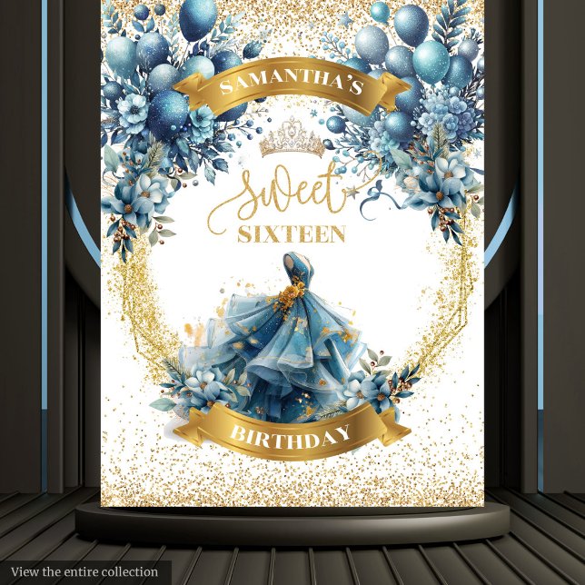Tenture Bannière Sweet sixteen bleu or Aquarelle (Watercolor Blue Gold Sweet Sixteen Balloon Banner Tapestry)