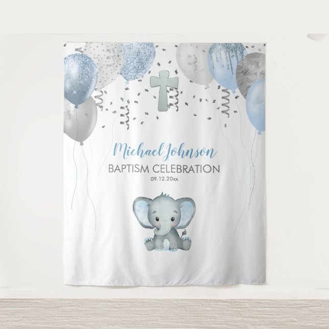 Tenture Baptême à l'aquarelle Ballons Éléphant (Devant)
