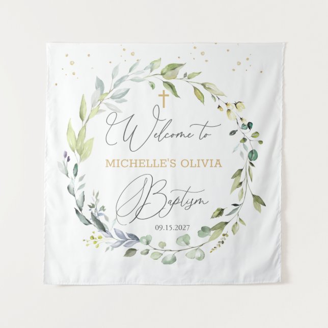 Tenture Baptême Bébé Eucalyptus Herbal Croix  (Devant)