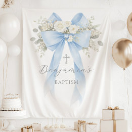 Tenture Baptême bébé garçon ruban bleu eucalyptus floral