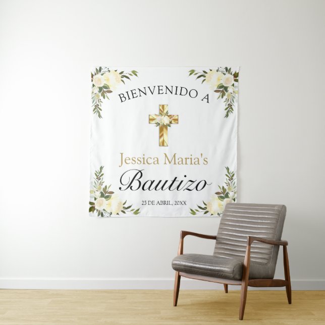 Tenture Baptême de bébé espagnol Fleurs Croix d'or Bienven (En situation)