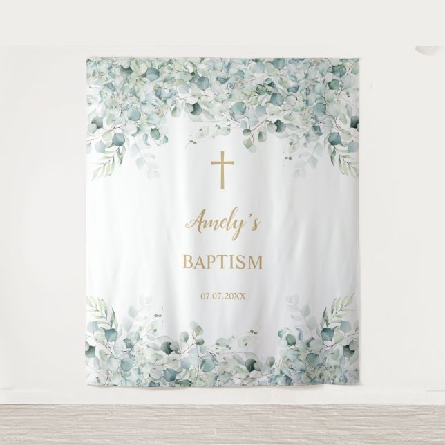 Tenture Baptême Girl Backdrop - Green Eucalyptus & Gold (Devant)