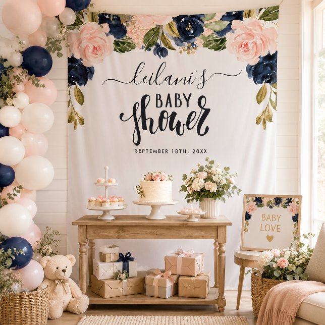 Tenture Baptême Marin Fleur Rose (Blush pink and navy blue floral botanical baby shower typography tapestry perfect for photo ops.)
