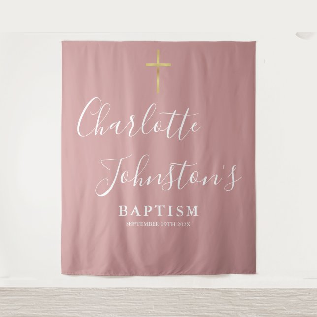 Tenture Baptism Christening Dusty Rose Pink Photo Backdrop (Devant)