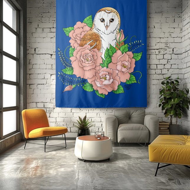 Tenture Barne Chouette Fleurs roses Bleu (Créateur téléchargé)