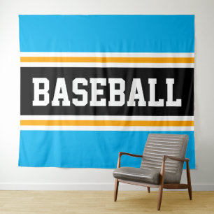 Tenture BASEBALL Bleu ciel clair rayures noires et orange