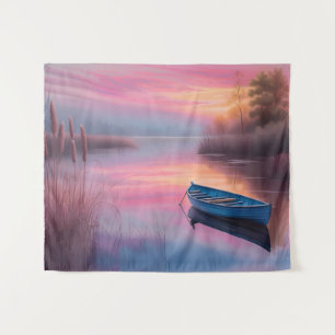 Tenture Bateau bleu rustique reflets de cieux roses