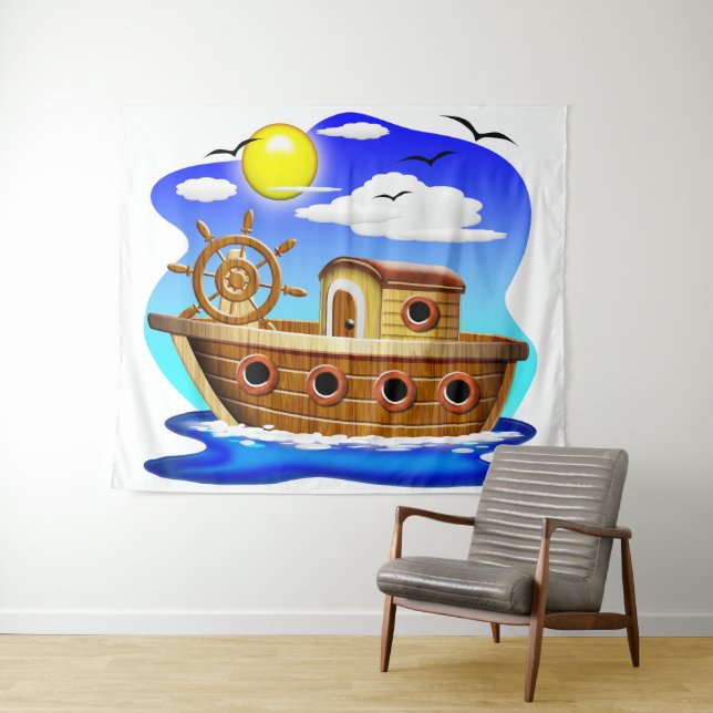 Tenture Bateau de pêche dessin animé  (En situation (horizontale))