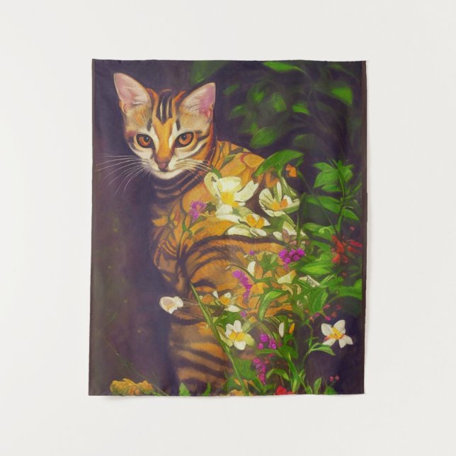 Tenture Beau chat abyssinien dans un jardin de minuit (Devant)