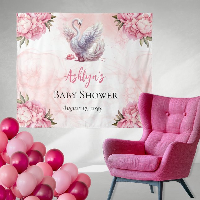 Tenture Beau Swan rose Floral Baby shower fille (Beautiful Swan Pink Floral Peonies Girl Baby Shower Backdrop Tapestry)