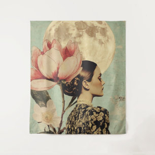 Tenture Beauté Lune - Femme avec Fleur Rose et Lune