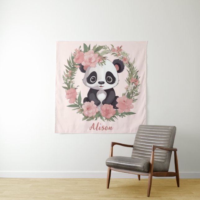 Tenture Bébé adorable Panda Ours avec fleurs (En situation)