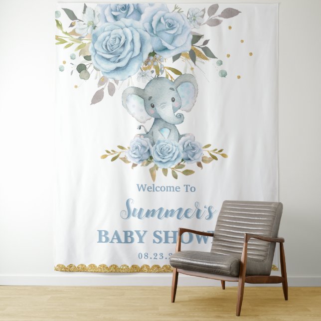 Tenture Bébé Bleu Floral Éléphant Mignon Garçon Baby Showe (En situation)
