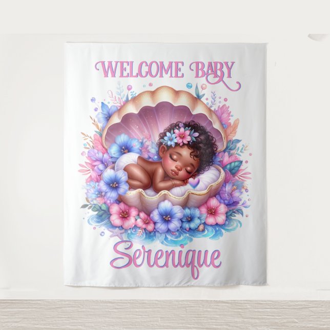 Tenture Bébé dormant fille en coquillages Pastel Floral (Devant)