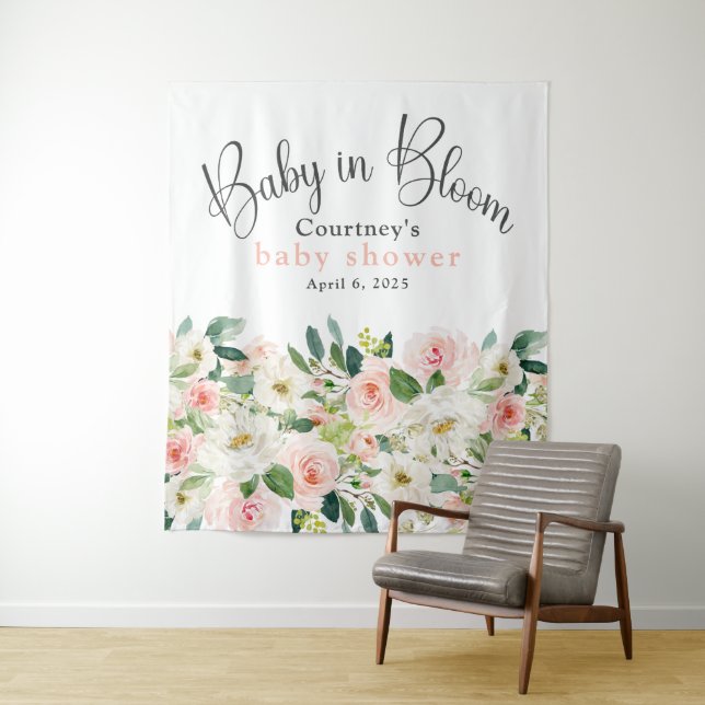 Tenture Bébé en fleurs Baby shower rose floral (En situation)