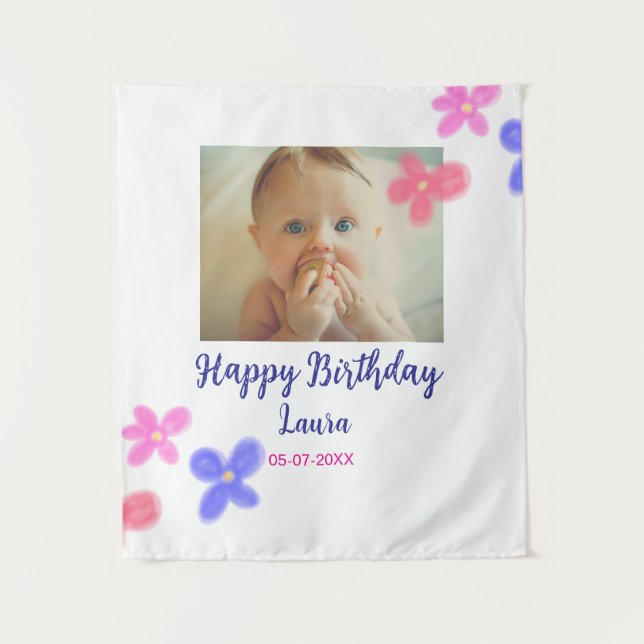 Tenture Bébé enfants 1er anniversaire ajouter nom date ajo (Devant)