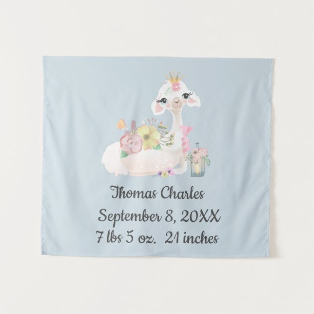 Tenture Bébé lama avec fleurs blanches et bleues bébé garç (Devant (Horizontal))