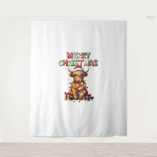 Tenture Bébé mignon vache Highland avec lumières de Noël