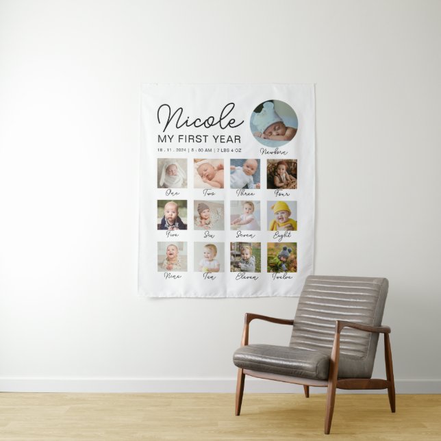 Tenture Bébé Première année 12 mois Photo Collage Moderne (En situation)