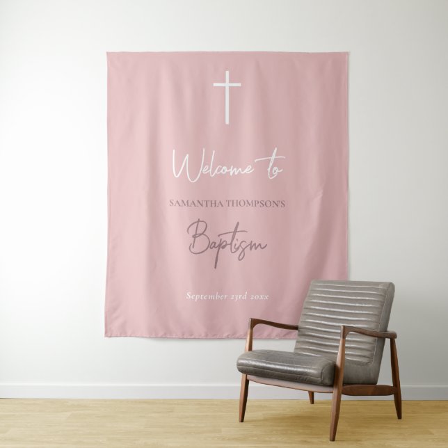Tenture Bébé rose Calligraphie Baptême Affiche de bienvenu (En situation)