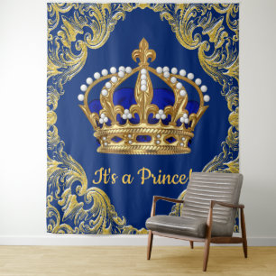 Tenture Bébé Shower Extra Large Bleu Royal et Or Prince